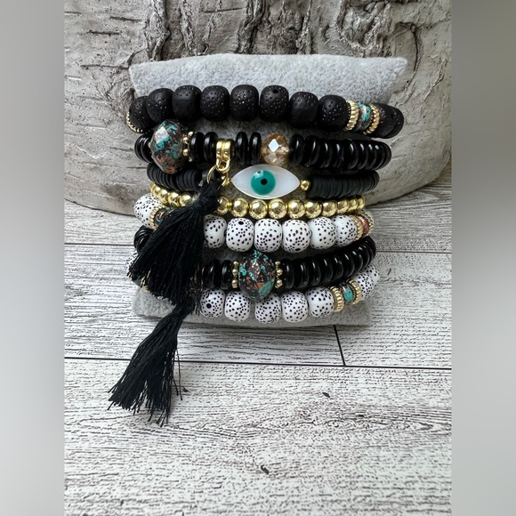 Stylish Boho Chic Gold & Black Stacked Bracelets -Trendy Mixed Style Bracelets - Picture 10 of 17